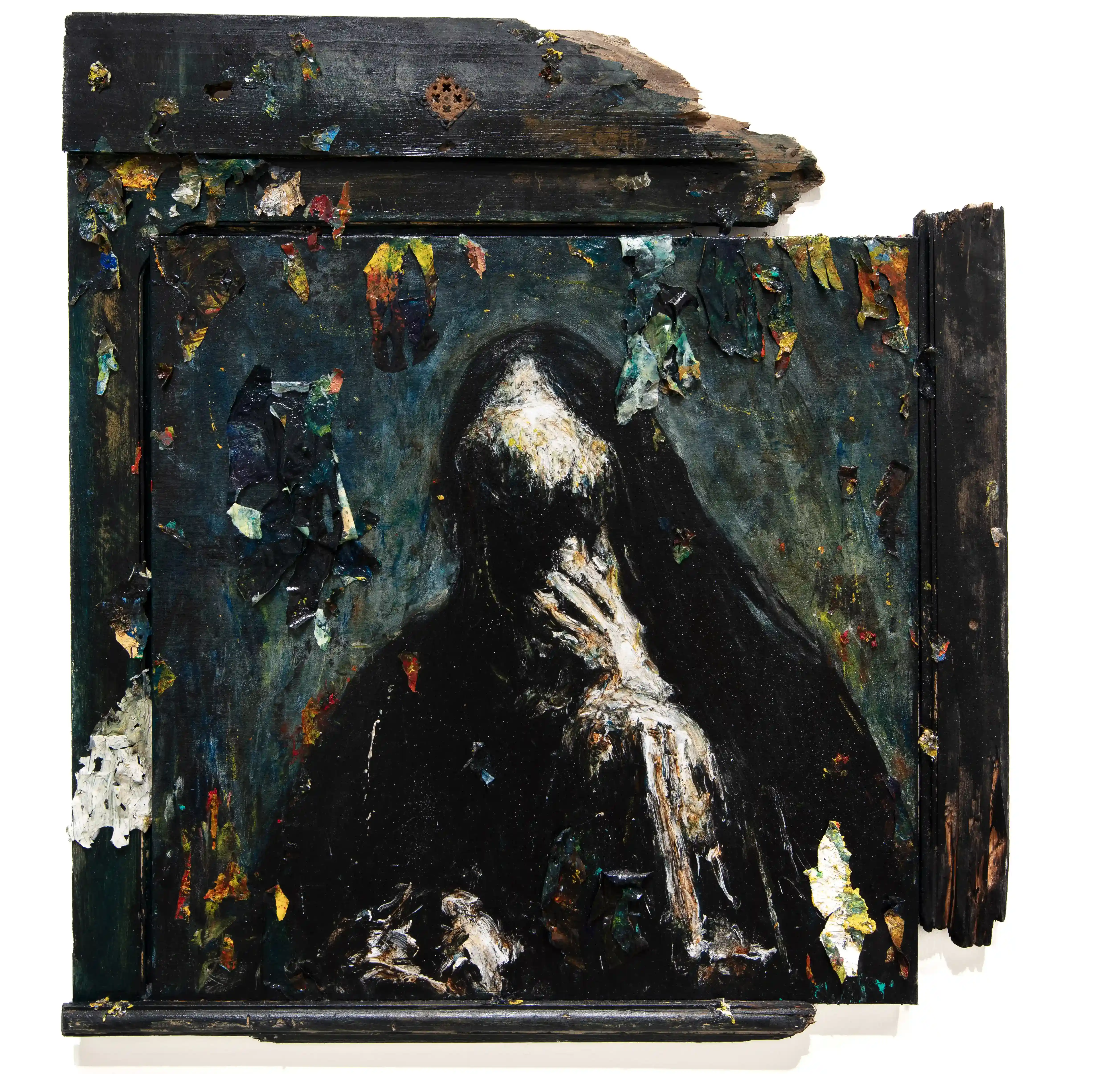 La Fenice 10, oil on canvas, charred wooden frame with rusty iron, 2024