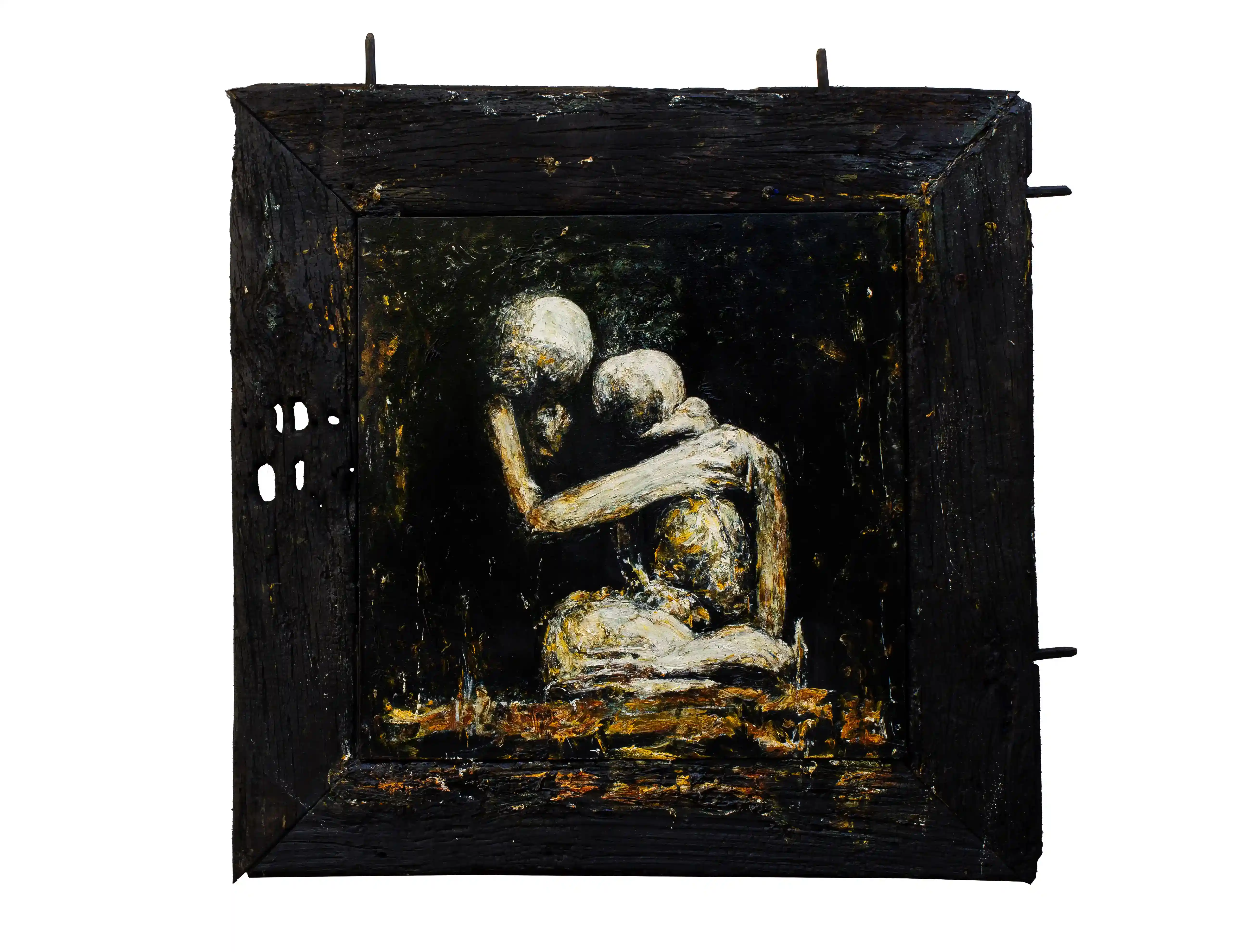 La Fenice 5, oil on canvas, charred wooden frame with rusty iron, 2023
