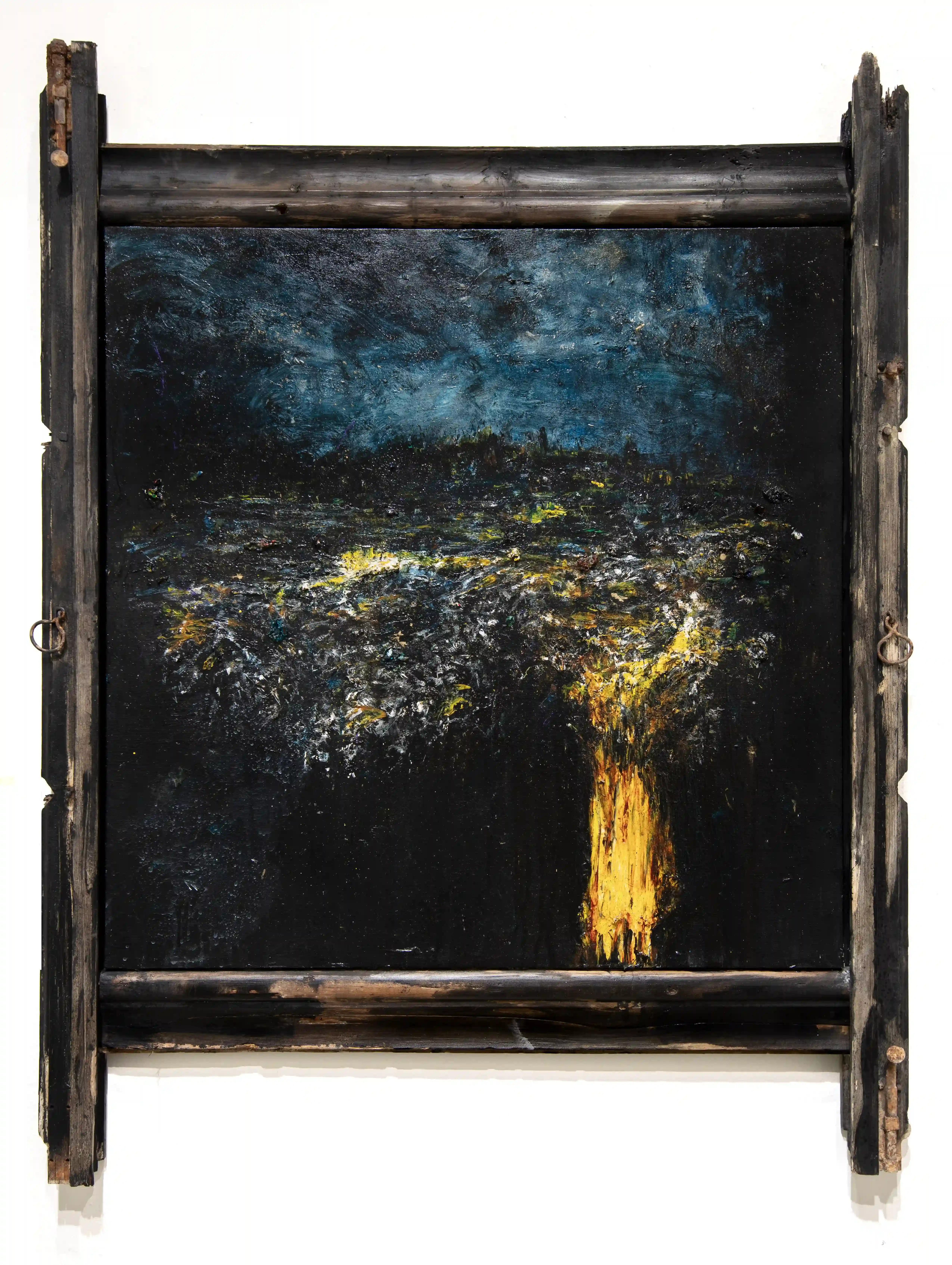 Nekropolis 1, oil on canvas, wooden frame with rusty iron, 2024