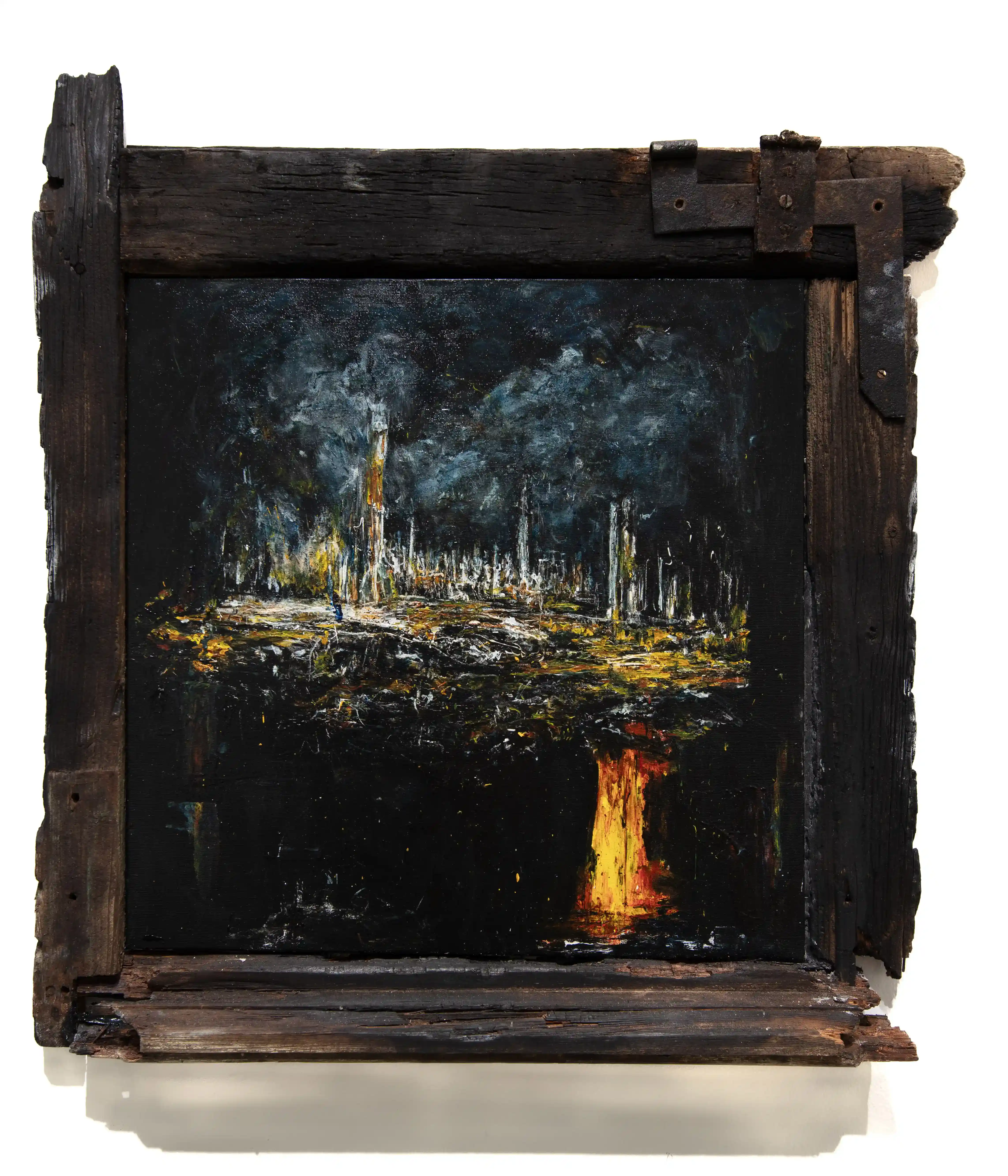 Nekropolis 2, oil on canvas, charred wooden frame with rusty iron, 2024