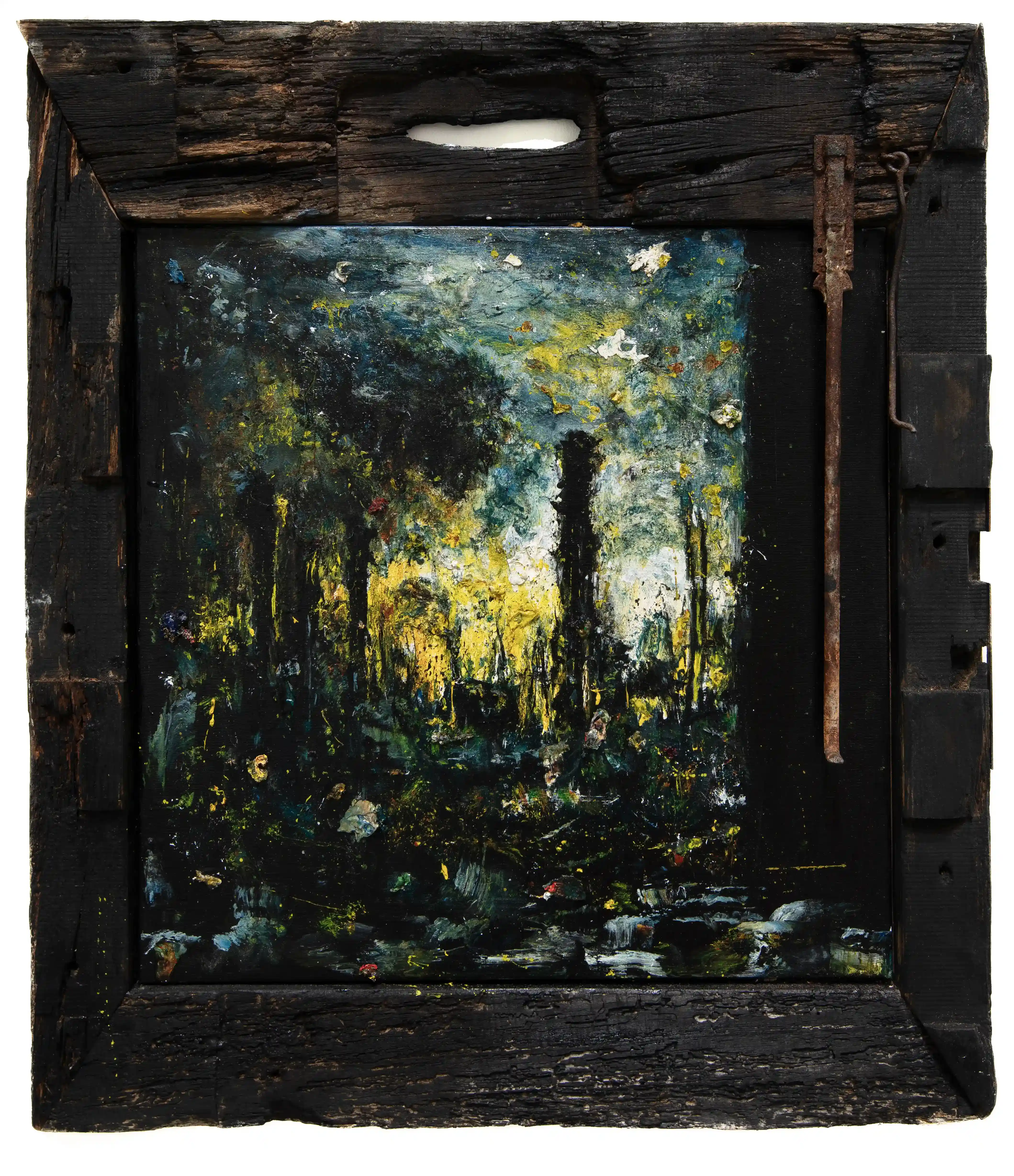 Nekropolis 4, oil on canvas, charred wooden frame with rusty iron, 2024